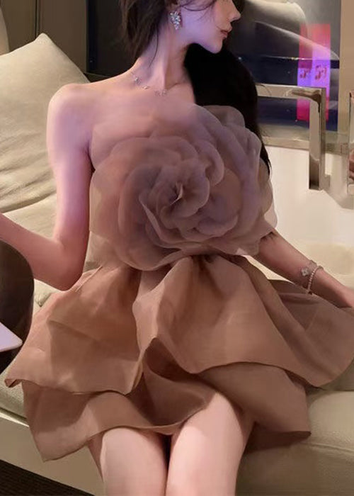 Floral Solid Shoulder Mini Cold Sleeveless Coffee Dresses