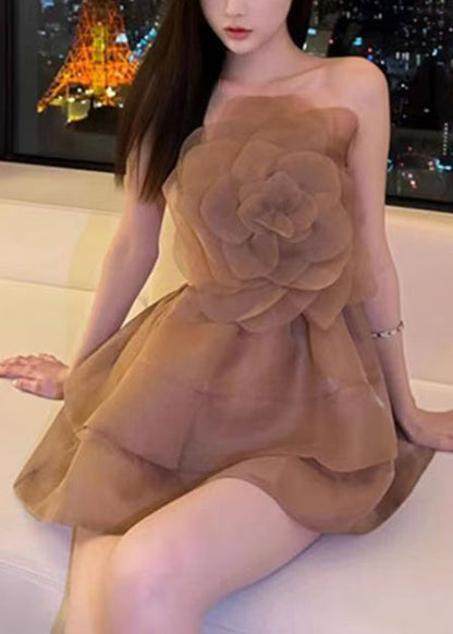 Floral Solid Shoulder Mini Cold Sleeveless Coffee Dresses