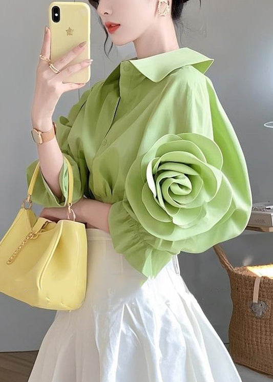 Cotton Blouses Half Pan Collar Button Green Floral sleeve Peter