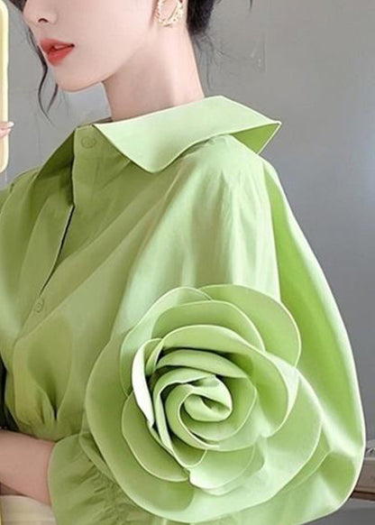 Cotton Blouses Half Pan Collar Button Green Floral sleeve Peter