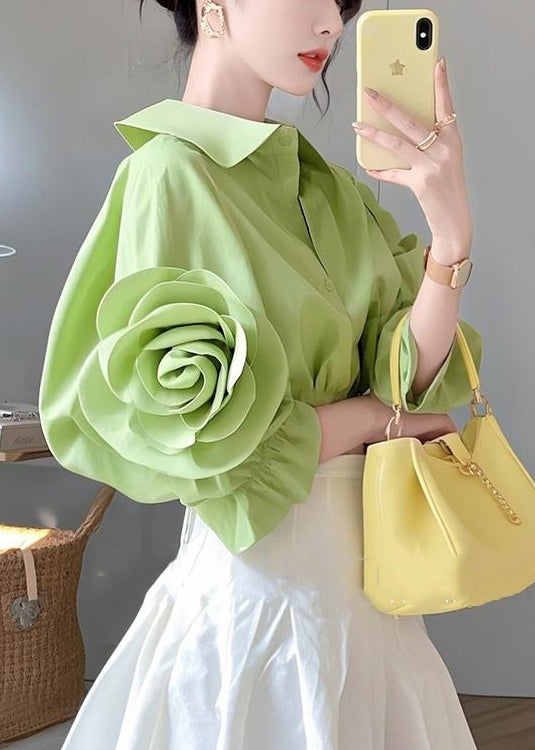 Cotton Blouses Half Pan Collar Button Green Floral sleeve Peter