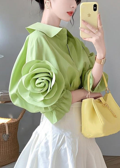 Cotton Blouses Half Pan Collar Button Green Floral sleeve Peter