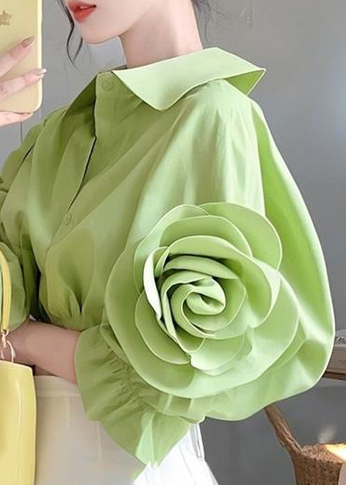 Cotton Blouses Half Pan Collar Button Green Floral sleeve Peter