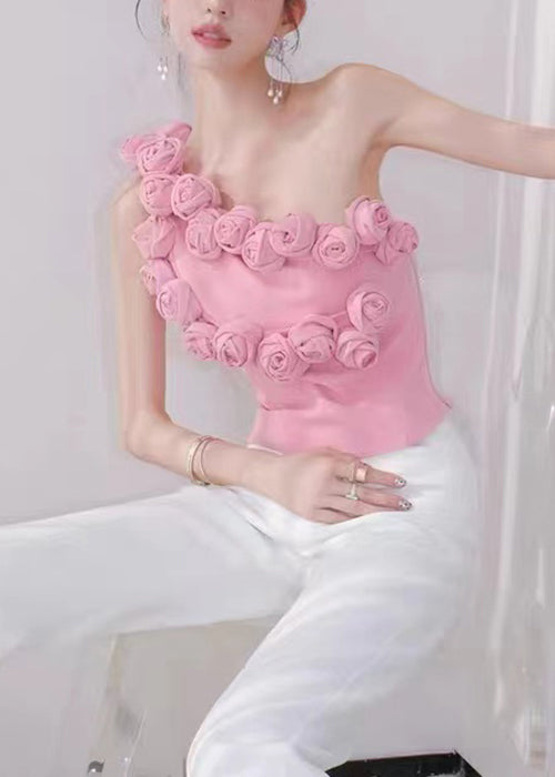 Floral Pink One-Shoulder Solid Cotton Tank Sleeveless KK088