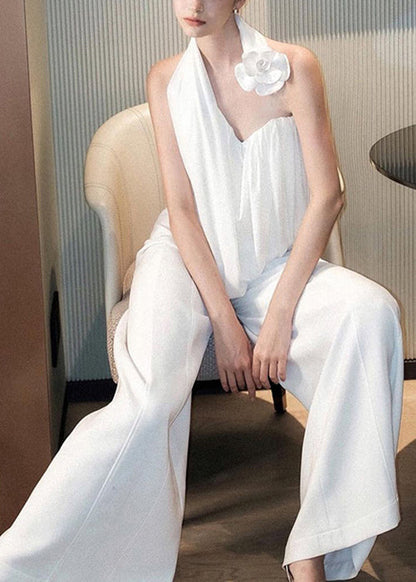 Floral White Asymmetrical Tank And Wide Leg Pants Cotton Two Pieces Set Sleeveless YZ063