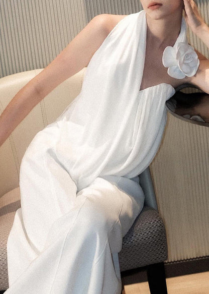 Floral White Asymmetrical Tank And Wide Leg Pants Cotton Two Pieces Set Sleeveless YZ063