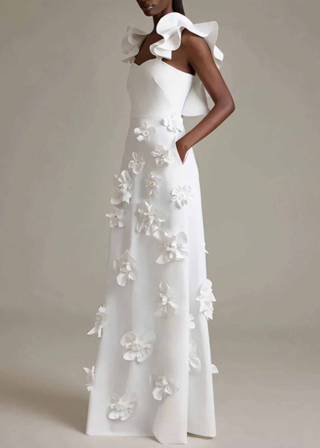 White Pockets Cotton Ruffled Dress Party Sleeveless Floral