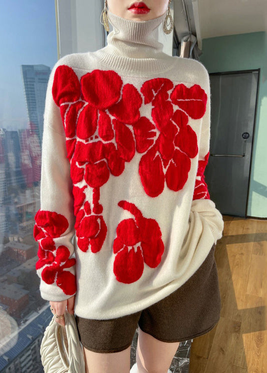 Floral White Turtleneck Patchwork Cotton Wool Knit Shirts Long Sleeve TB030