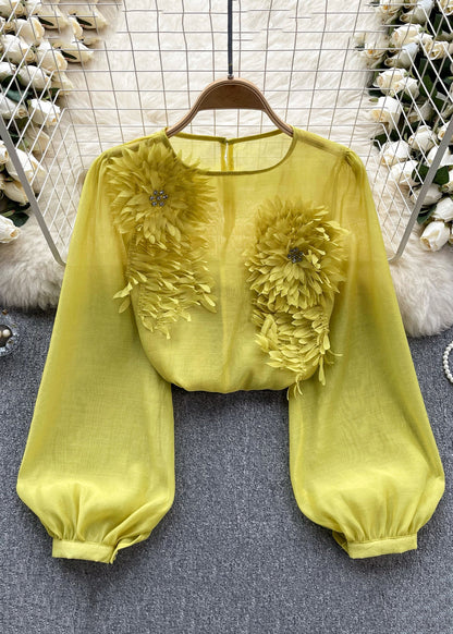 Floral Yellow O Neck Solid Chiffon Shirts Long Sleeve TR045