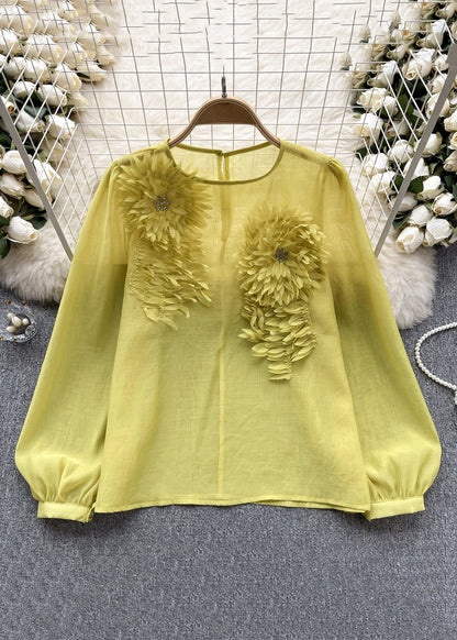 Floral Yellow O Neck Solid Chiffon Shirts Long Sleeve TR045