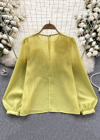 Floral Yellow O Neck Solid Chiffon Shirts Long Sleeve TR045