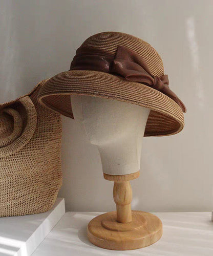 Hat Woven Bucket Apricot Straw Bow French