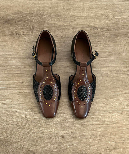 Head Out Square Sandals Hollow Woven Apricot French Rivet