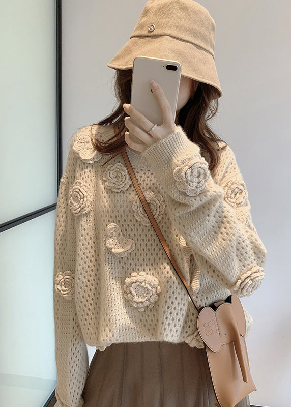 French Apricot O Neck Hollow Out Floral Knit Sweaters Fall WE008