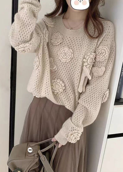 French Apricot O Neck Hollow Out Floral Knit Sweaters Fall WE008