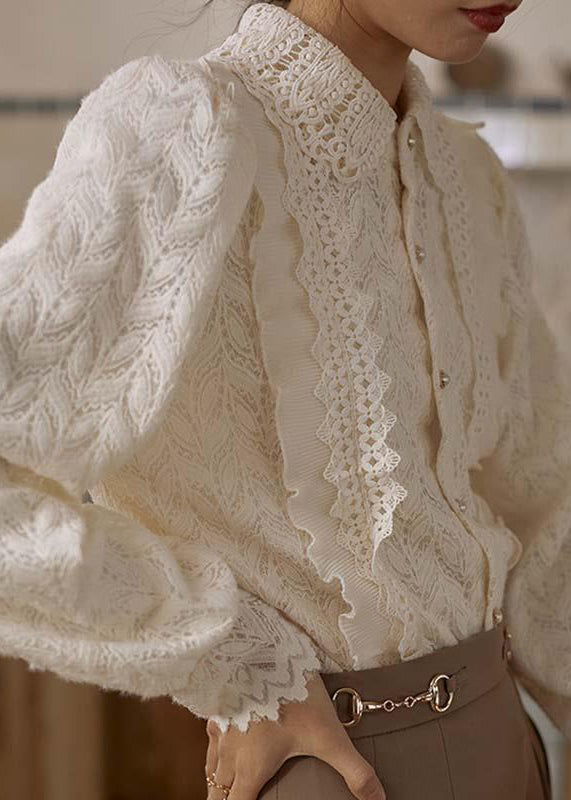 French Apricot Ruffled Button Patchwork Lace Shirt Long Sleeve TU008