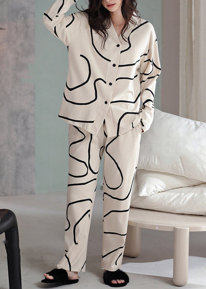 Piece Striped Two Apricot Button Set Pajamas Fall French Cotton