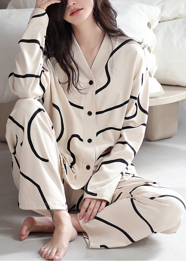 Piece Striped Two Apricot Button Set Pajamas Fall French Cotton