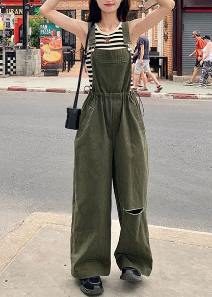 French Army Green Drawstring Pockets Cotton Jumpsuit Sleeveless XX028