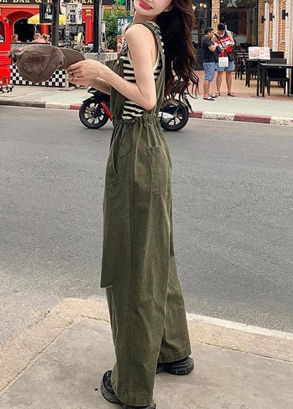 French Army Green Drawstring Pockets Cotton Jumpsuit Sleeveless XX028