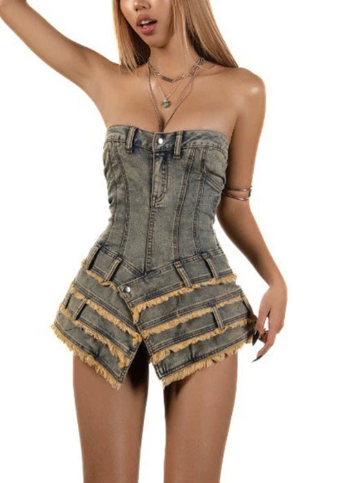 Dresses French Denim Sleeveless Asymmetrical Mini Strapless