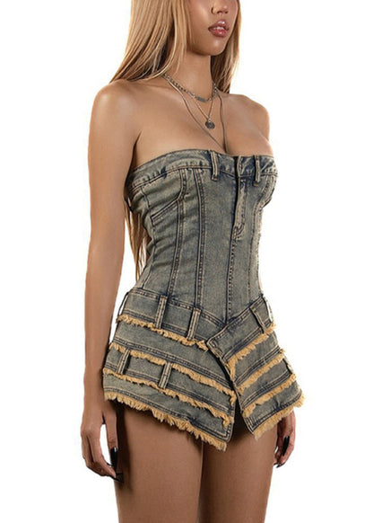 Dresses French Denim Sleeveless Asymmetrical Mini Strapless