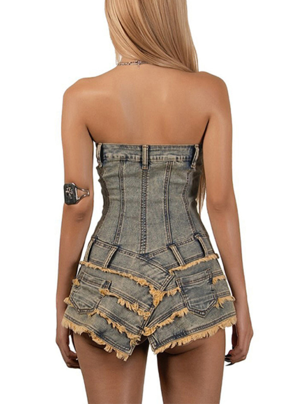 Dresses French Denim Sleeveless Asymmetrical Mini Strapless