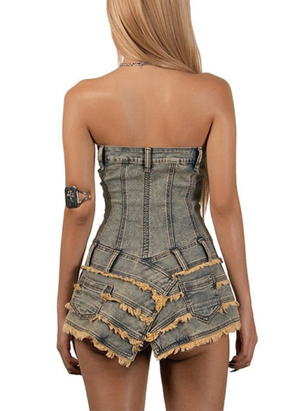 Dresses French Denim Sleeveless Asymmetrical Mini Strapless