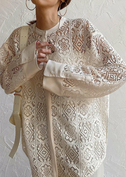 French Lace Out Sheer Blouses Hollow Summer Beige