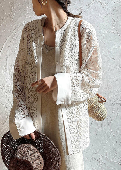 French Lace Out Sheer Blouses Hollow Summer Beige