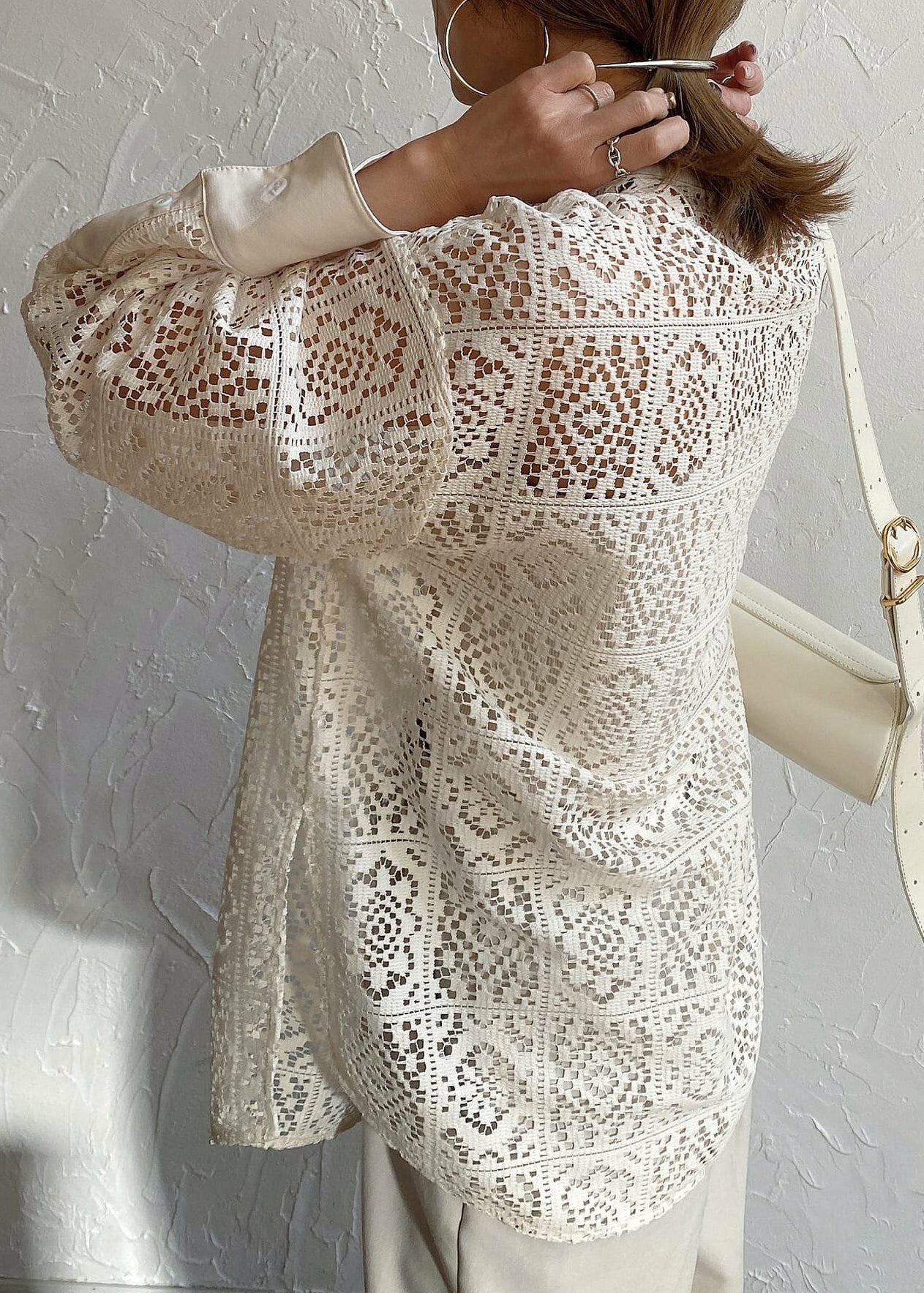 French Lace Out Sheer Blouses Hollow Summer Beige