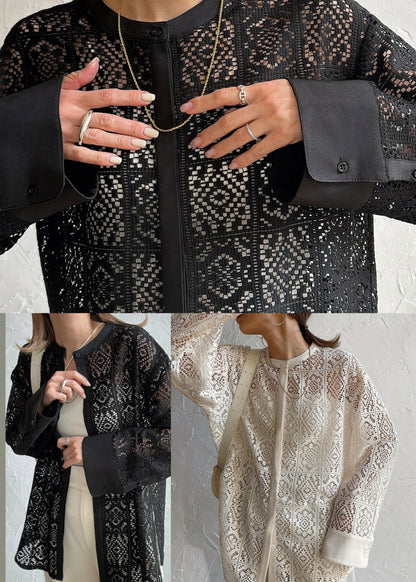 French Lace Out Sheer Blouses Hollow Summer Beige