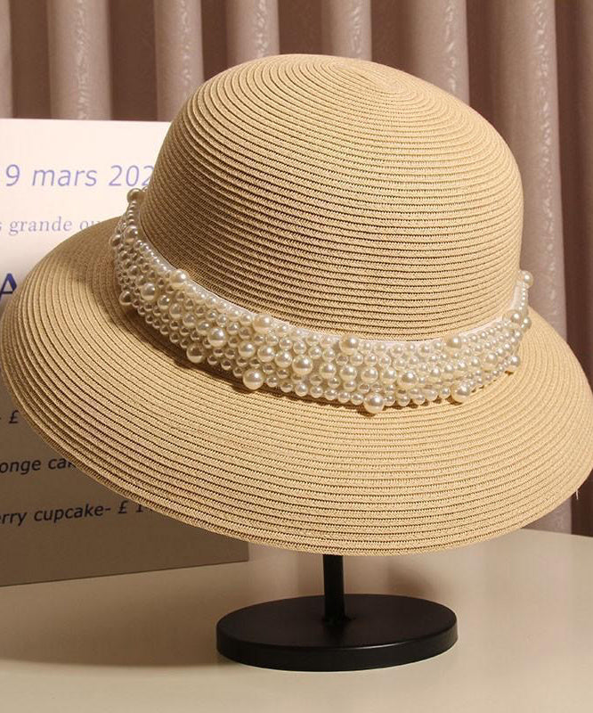 Nail Straw French Beige Woven Hat Cloche Bead Summer