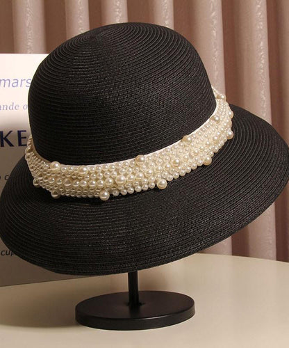 Nail Straw French Beige Woven Hat Cloche Bead Summer