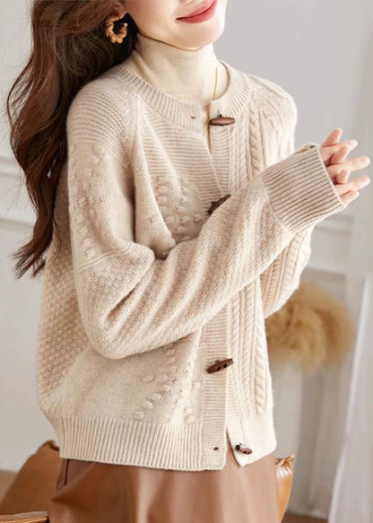 Cardigan en tricot confortable à col rond et boutons beige français Automne QI018