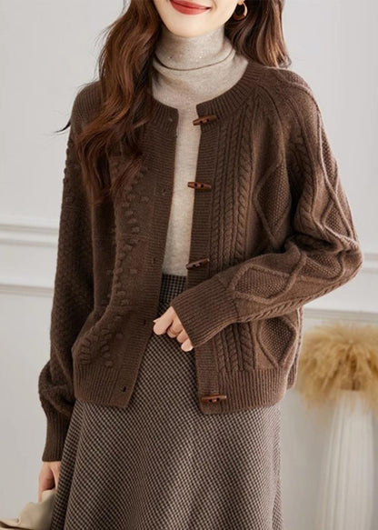 Cardigan en tricot confortable à col rond et boutons beige français Automne QI018