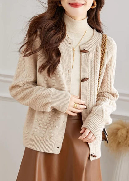 Cardigan en tricot confortable à col rond et boutons beige français Automne QI018