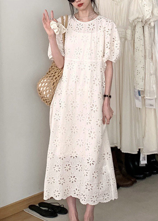 French Beige Hollow Puff Dress Sleeve Cotton Out O-Neck