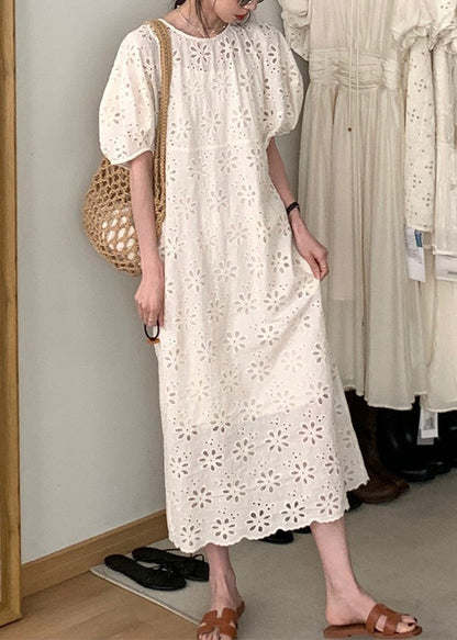 French Beige Hollow Puff Dress Sleeve Cotton Out O-Neck