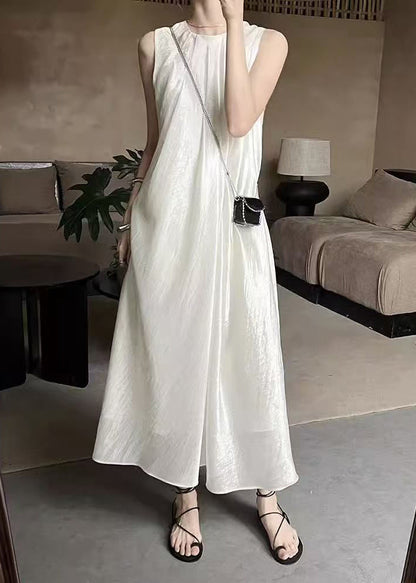O Beige Sleeveless Dresses Long Solid Silk Neck French