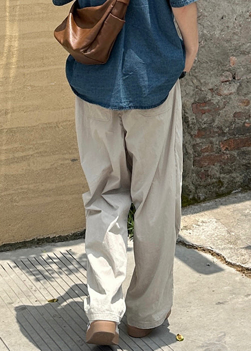 Cotton Pants Beige Waist Mens Elastic Pockets French Summer Solid