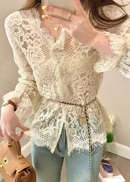 Button Out Ruffled Spring Lace Tops French Hollow Beige
