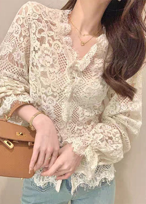 Button Out Ruffled Spring Lace Tops French Hollow Beige