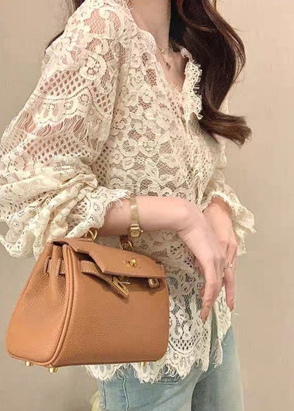 Button Out Ruffled Spring Lace Tops French Hollow Beige