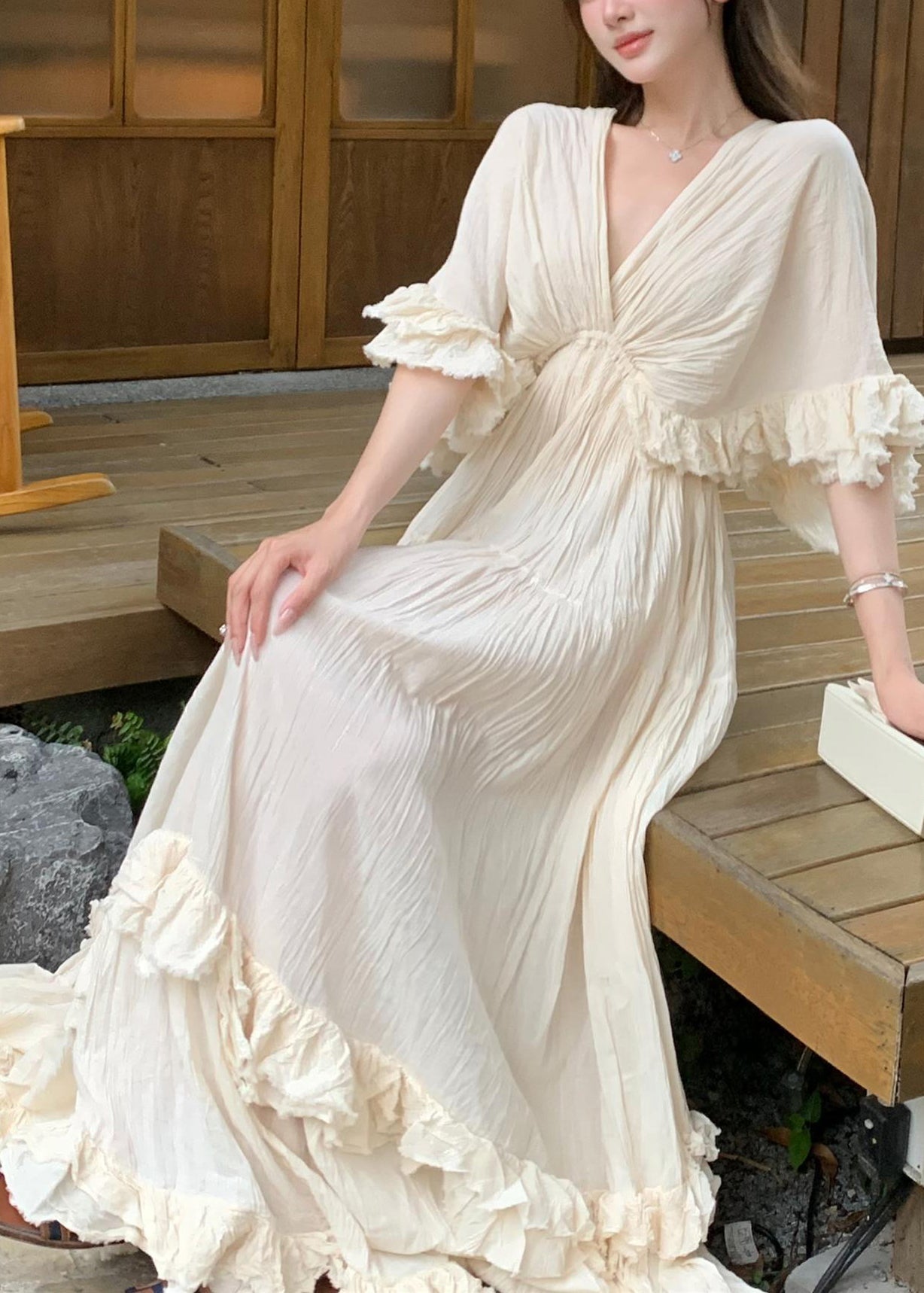 Cotton Dresses Beige Summer Ruffled Patchwork Long French