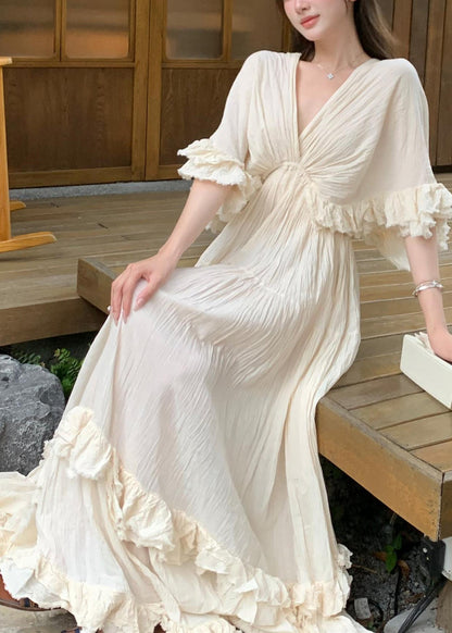 Cotton Dresses Beige Summer Ruffled Patchwork Long French