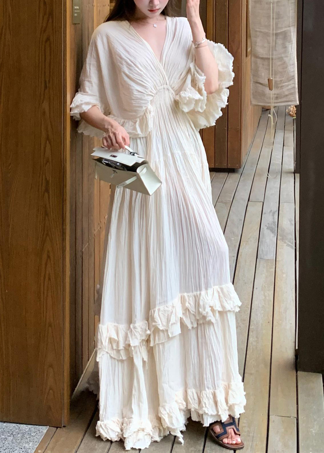 Cotton Dresses Beige Summer Ruffled Patchwork Long French