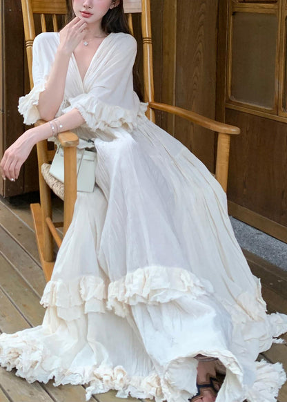 Cotton Dresses Beige Summer Ruffled Patchwork Long French