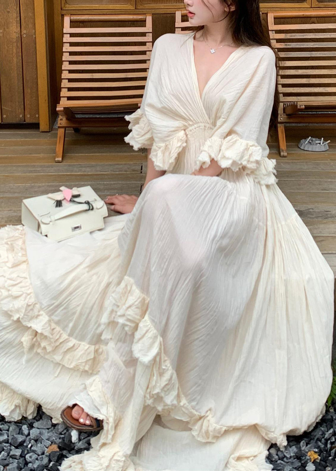 Cotton Dresses Beige Summer Ruffled Patchwork Long French