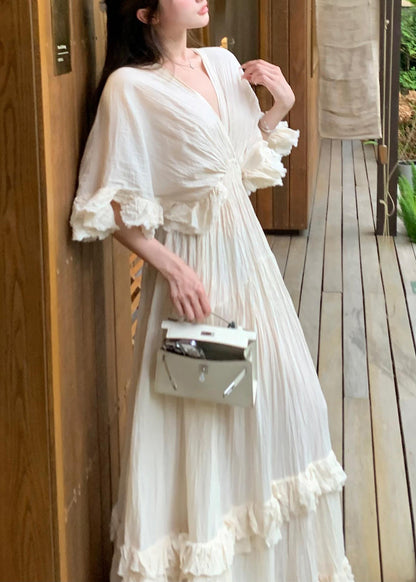 Cotton Dresses Beige Summer Ruffled Patchwork Long French